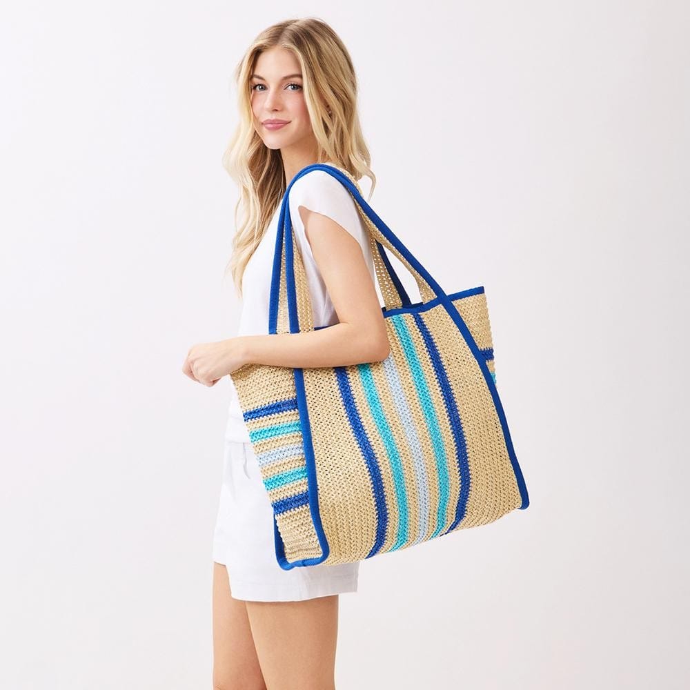 House of Trendz Accessories Woven Vertical Stripe Tote Bag Blue