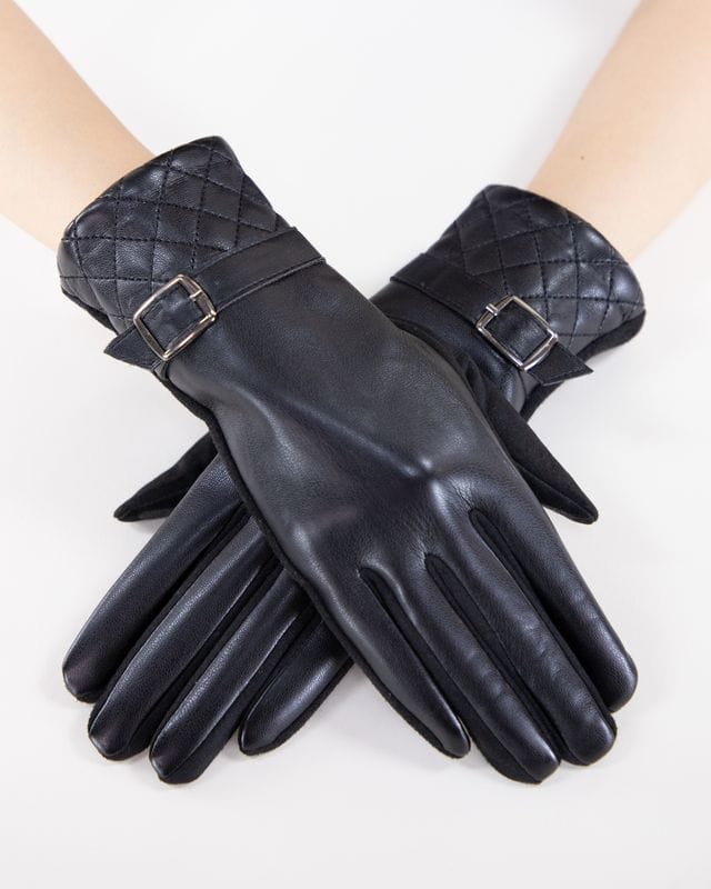 House of Trendz Boutique Accessories Black Quilted Vegan Leather Buckle Touchscreen Gloves