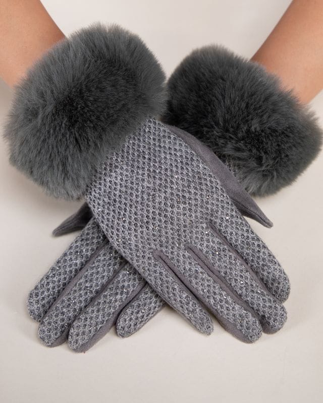 House of Trendz Boutique Accessories Grey Shimmer Faux-Fur Cuff Touchscreen Gloves