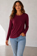 House of Trendz Boutique clothing Cotton Stretch Long Sleeve Crew Neck Tee - Wine