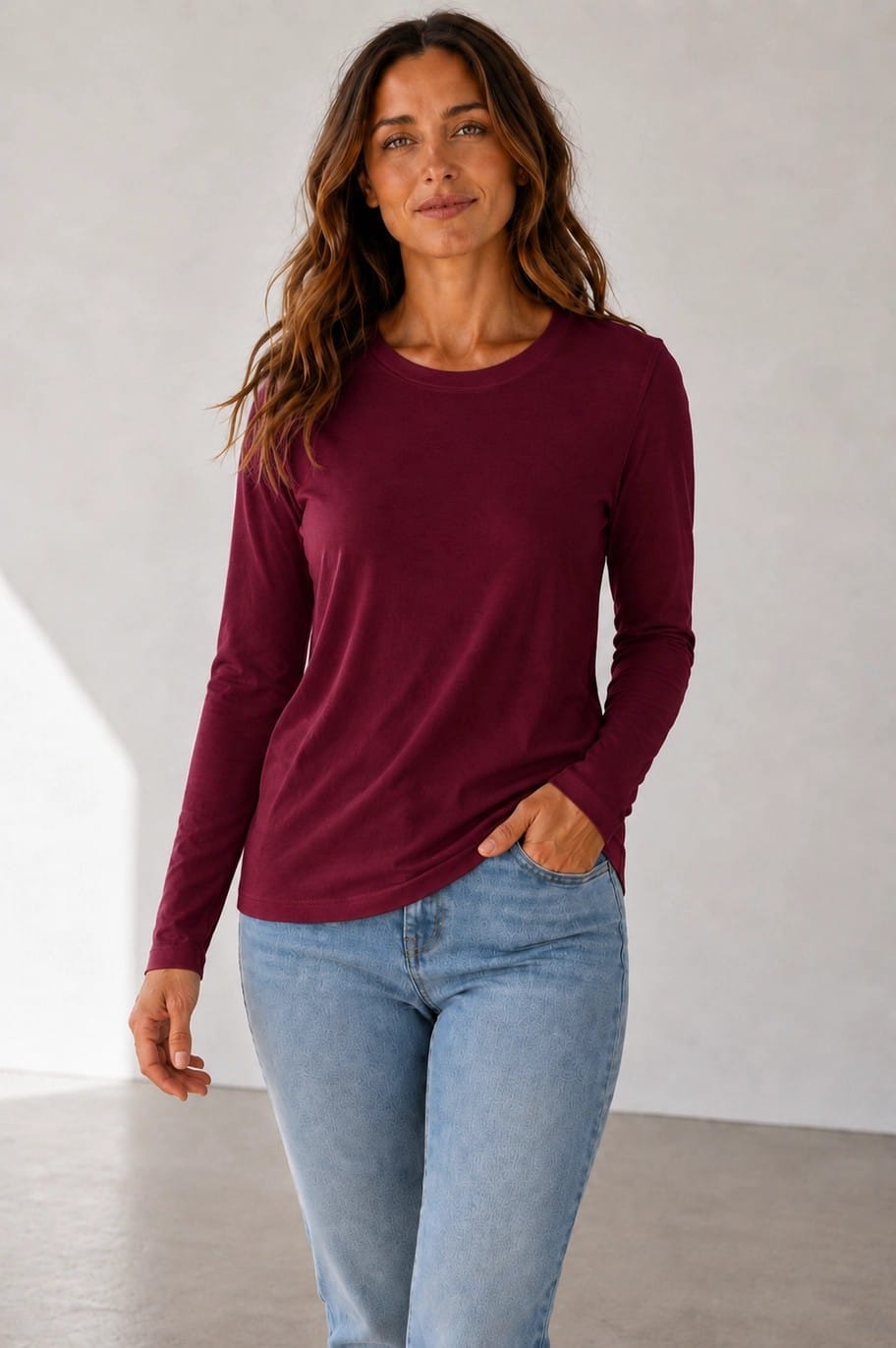 House of Trendz Boutique clothing Cotton Stretch Long Sleeve Crew Neck Tee - Wine