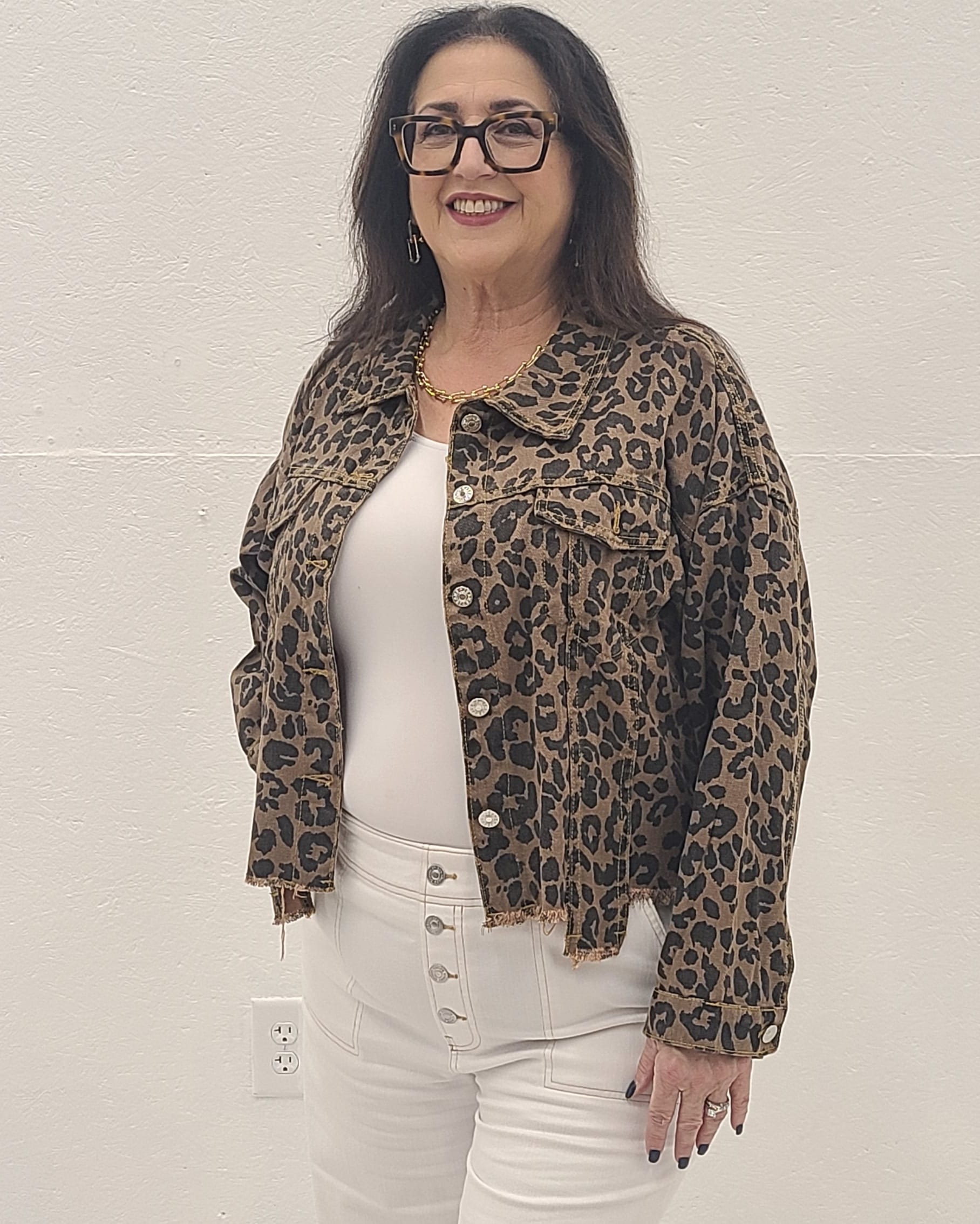 House of Trendz Boutique clothing Cropped  Leopard Denim Jacket