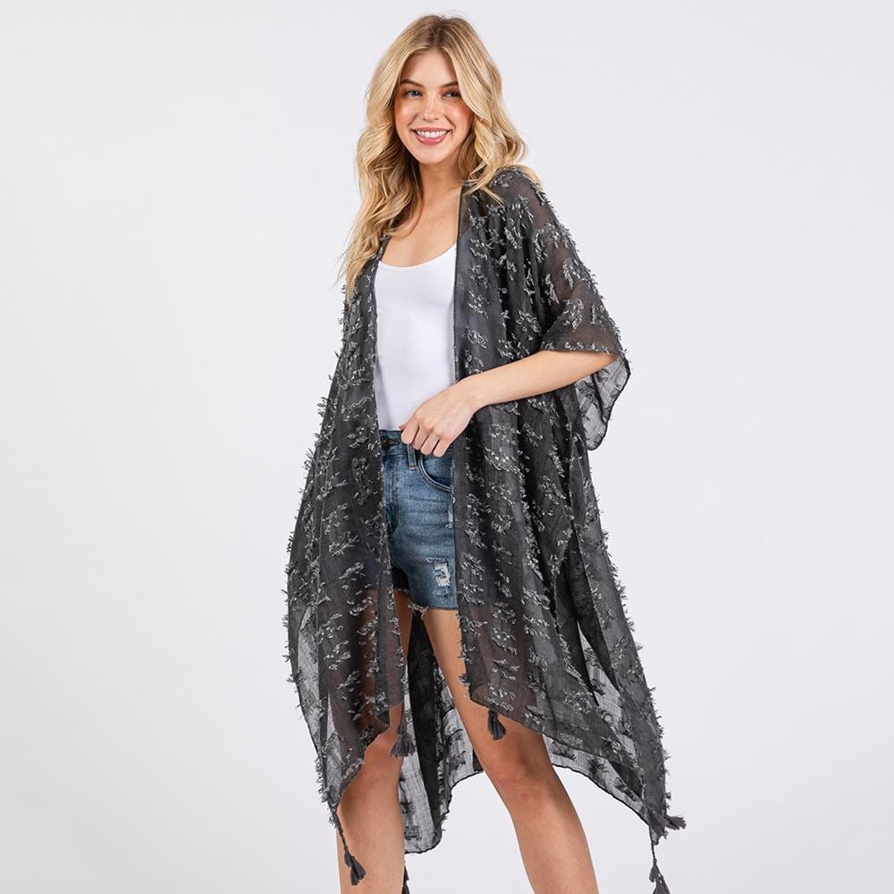 House of Trendz Boutique clothing Kimono Distressed w/Tassels (Charcoal)