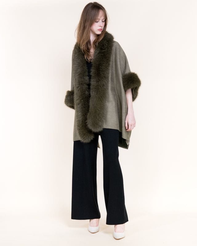 House of Trendz Boutique clothing Shaggy Faux Fur Trim Cape - Olive