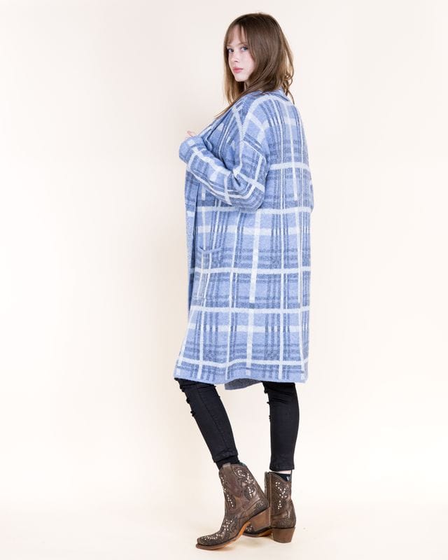 House of Trendz Boutique Outerwear Denim Blue Tartan Plaid Longline Cardigan