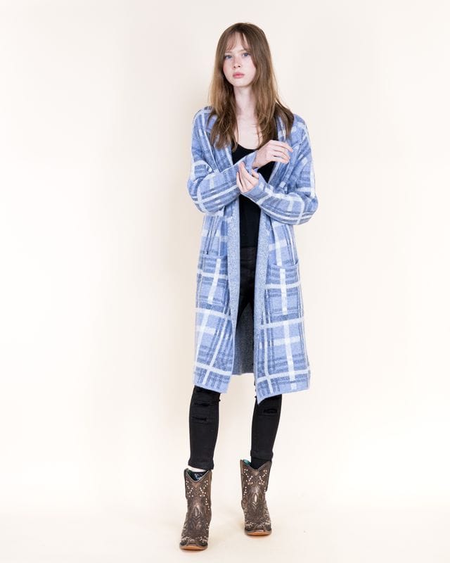 House of Trendz Boutique Outerwear Denim Blue Tartan Plaid Longline Cardigan