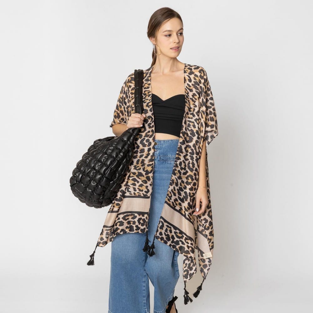 House of Trendz Boutique Outerwear Leopard Print Kimono w/Tassels