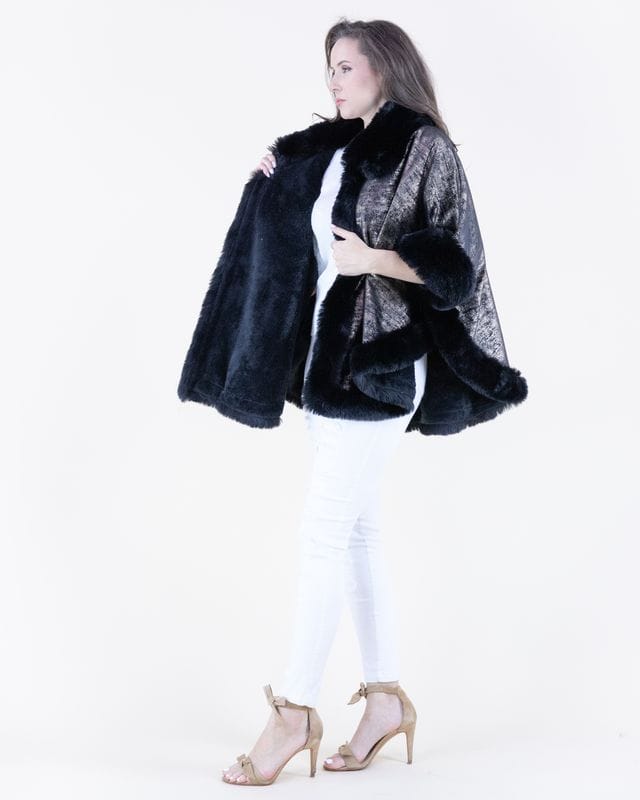 House of Trendz Boutique Outerwear Luster Metallic Faux Fur Trim Cape with Sleeves