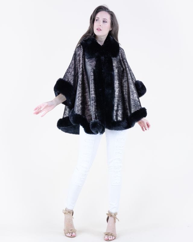 House of Trendz Boutique Outerwear Luster Metallic Faux Fur Trim Cape with Sleeves