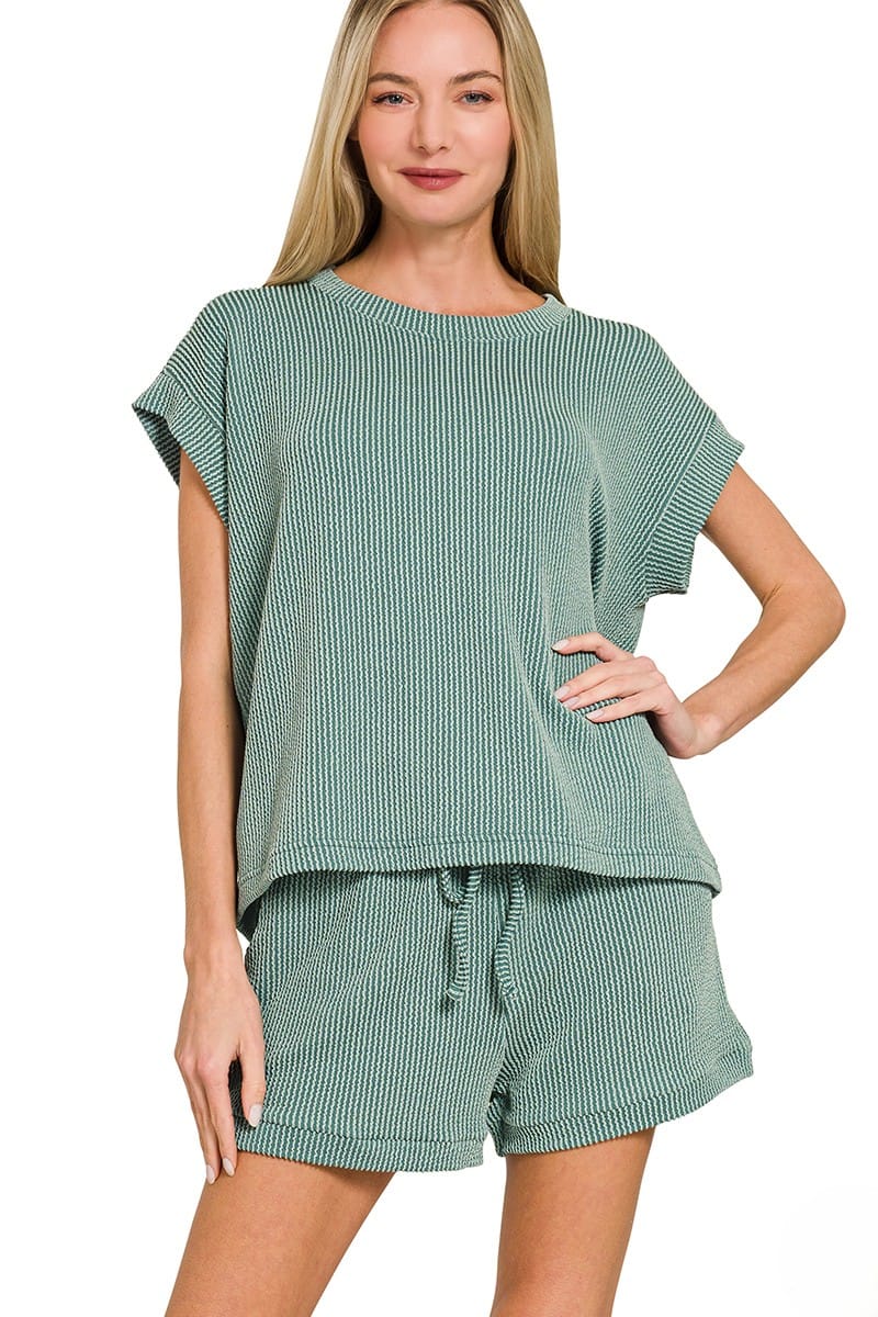House of Trendz clothing Ribbed Scuba Shorts Set Basil