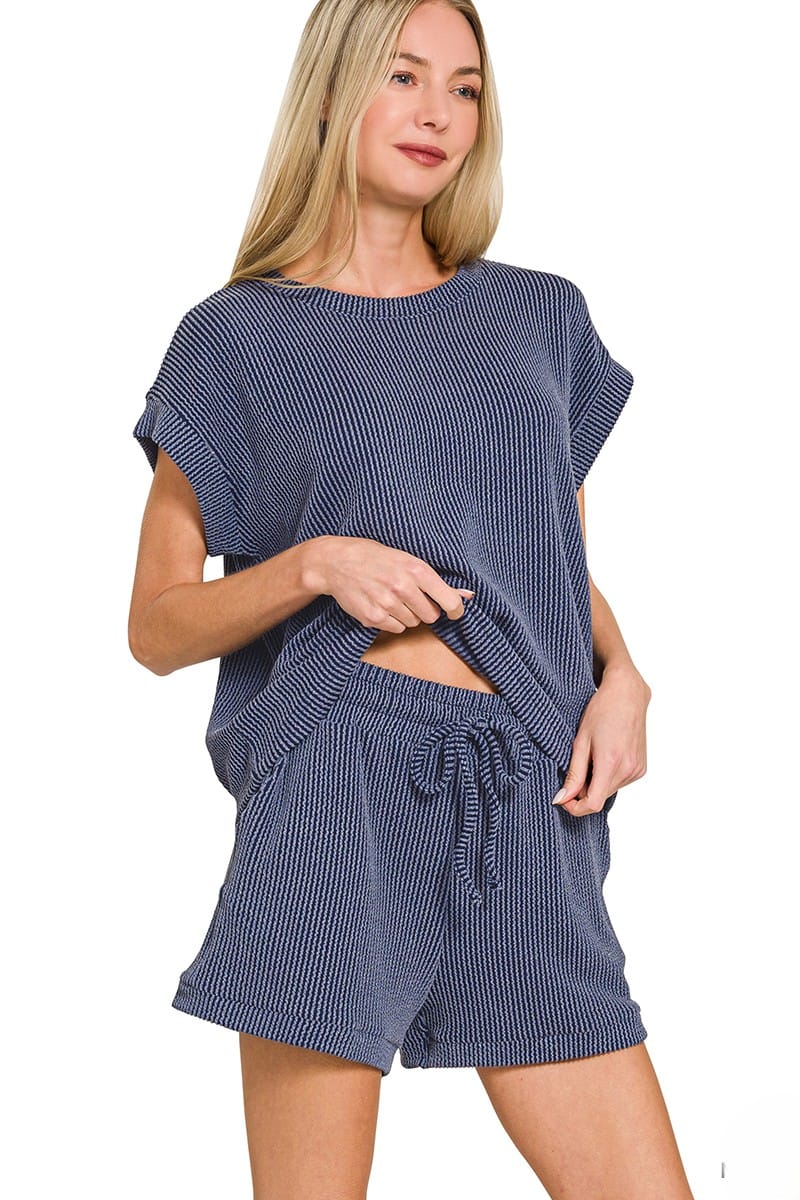 House of Trendz clothing Ribbed Scuba Shorts Set Navy