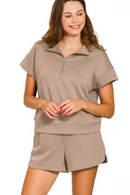 House of Trendz clothing Scuba Henley Shorts Set Cocoa Puff