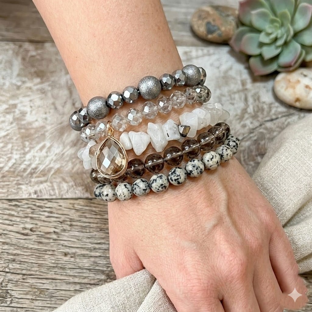 House of Trendz jewelry Shades of Grey Dalmatian Jasper & Crystal Set of 5 Layering Bracelets