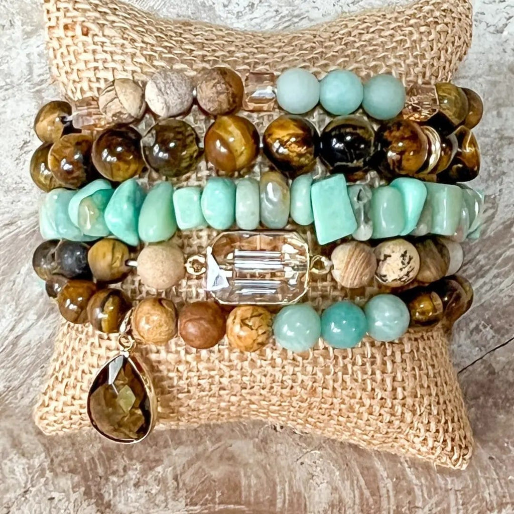 House of Trendz jewelry Shades of Jasper Amazonite & Crystal Set of 5 Layering Bracelets