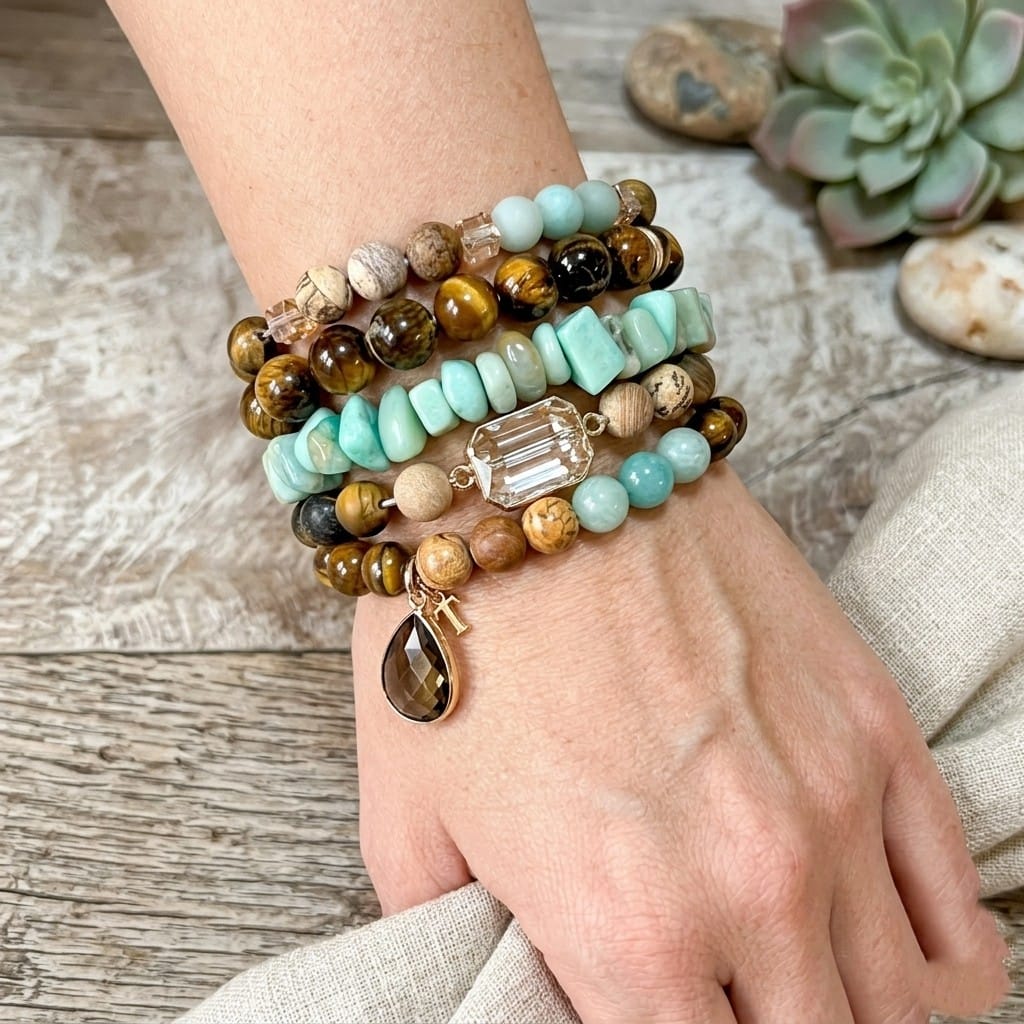 House of Trendz jewelry Shades of Jasper Amazonite & Crystal Set of 5 Layering Bracelets