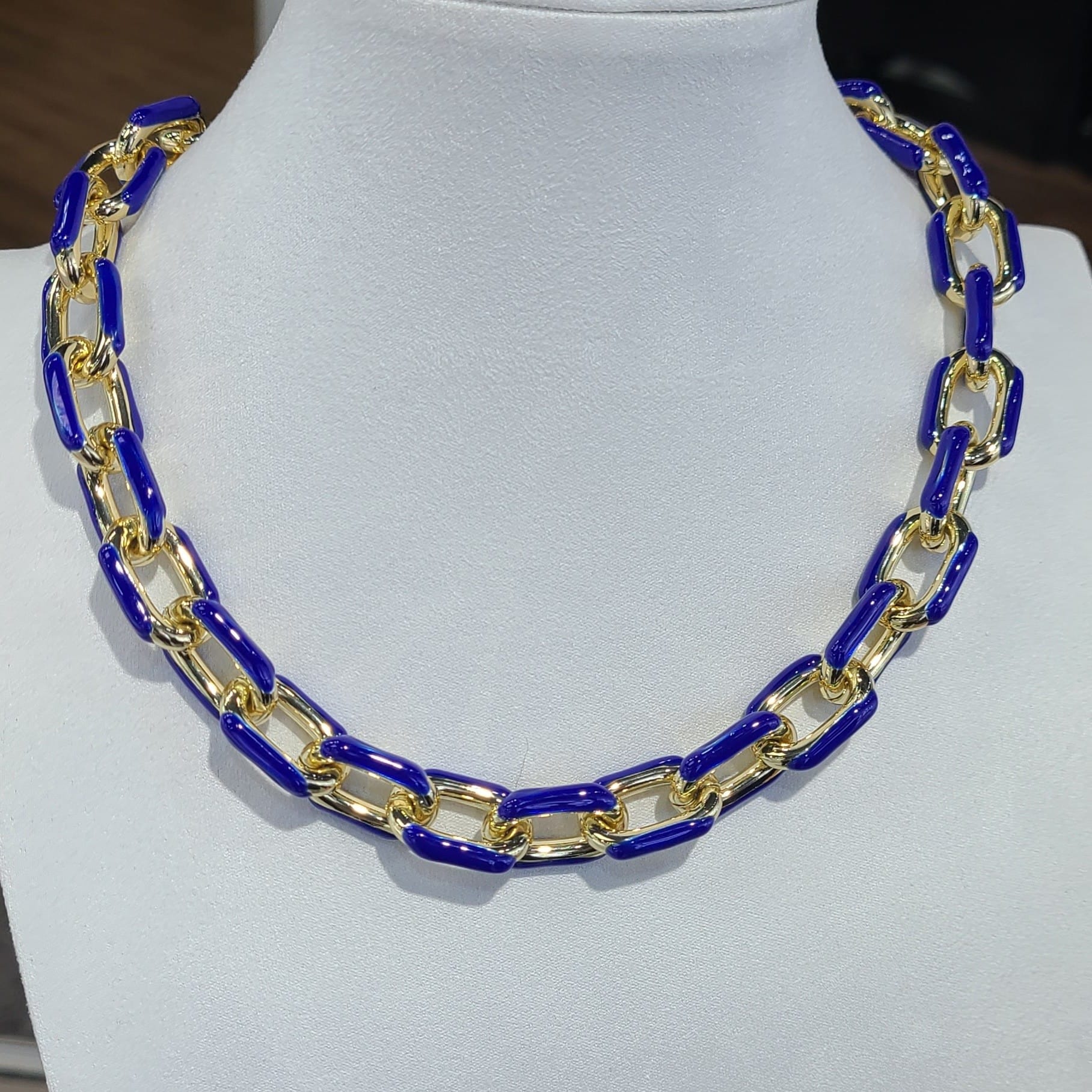 House of Trendz jewelry Water Resistant Gold Plated Navy Blue Enamel Link Chain Necklace