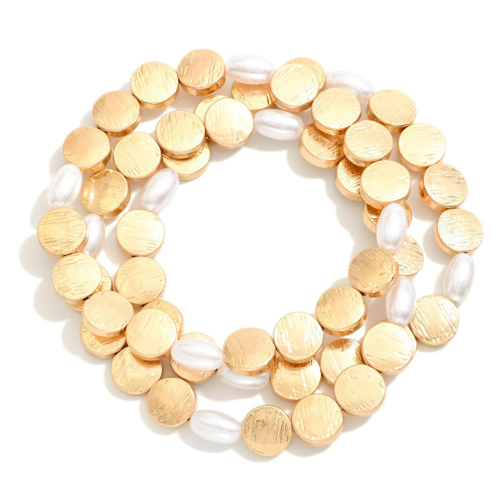 Flat Bead & Pearl Set of 3 stretch Bracelets