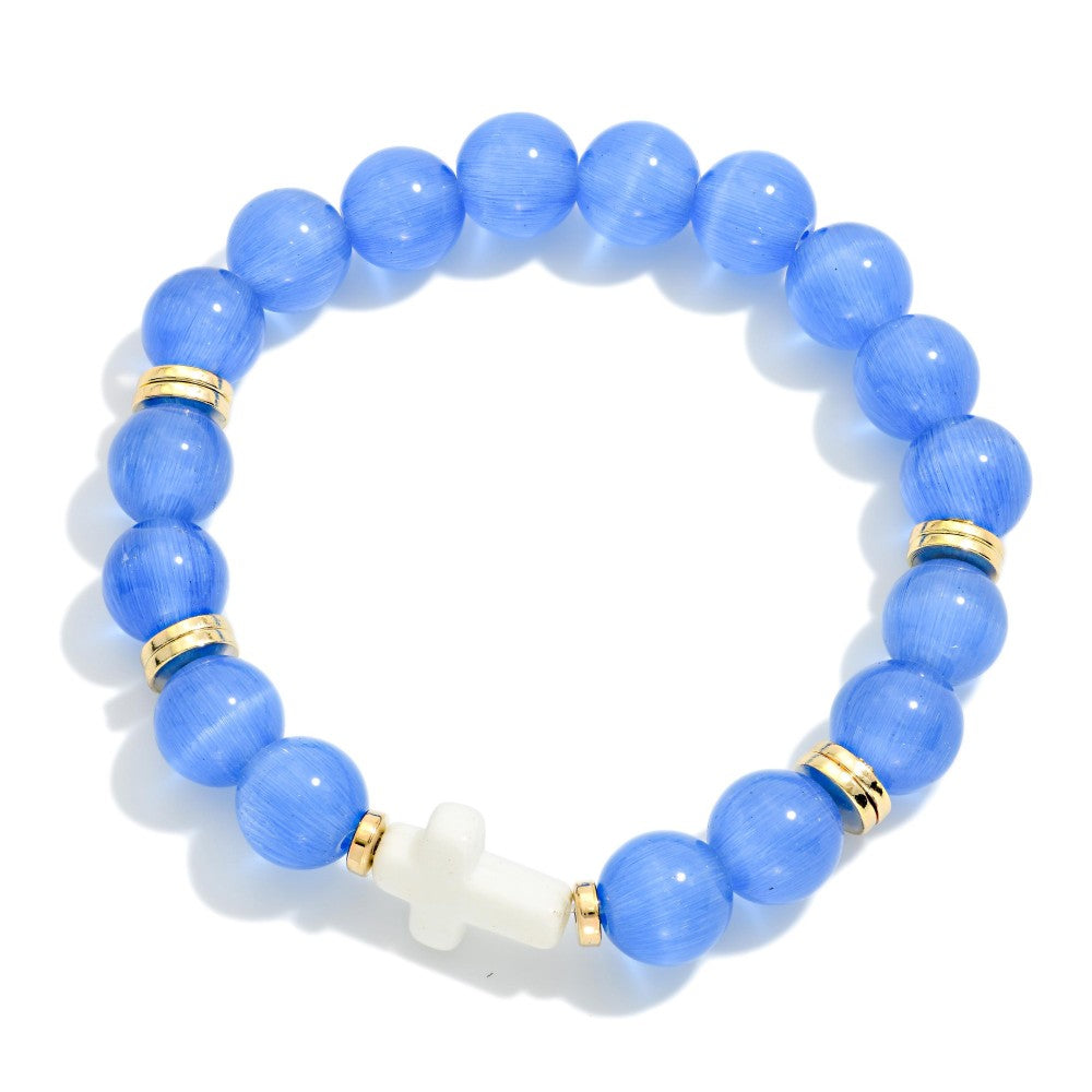 House of Trendz jewelry Marble Bead Stretch Bracelet with Cross Blue