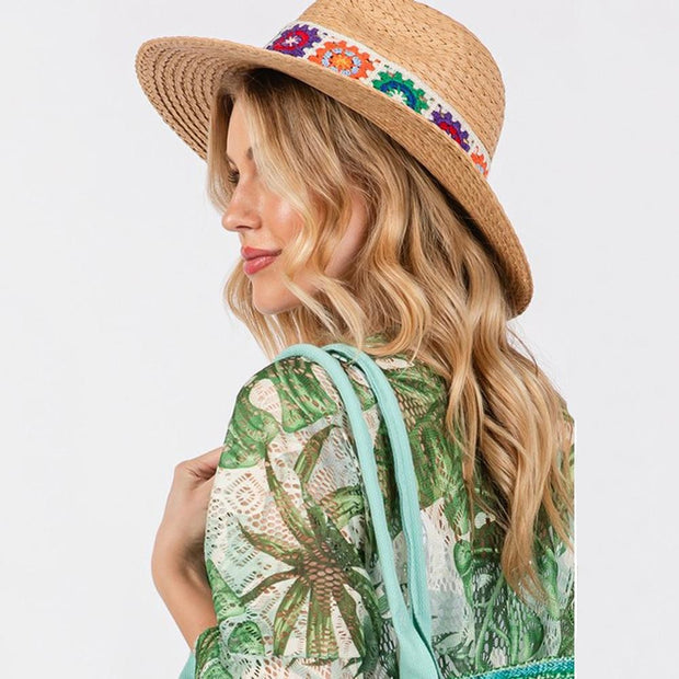 Braided Straw Panama Sunhat w/Embroidery Brim