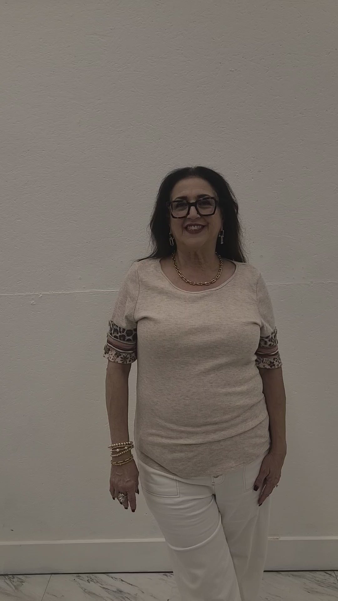 Textured Knit Mixed Print Sleeve Top