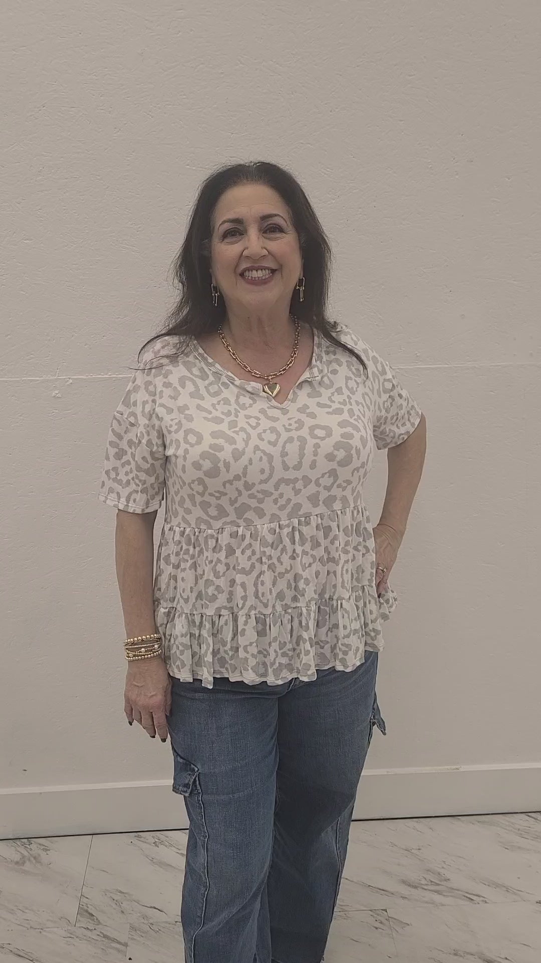 Grey Leopard Loose Fit Baby Doll Top