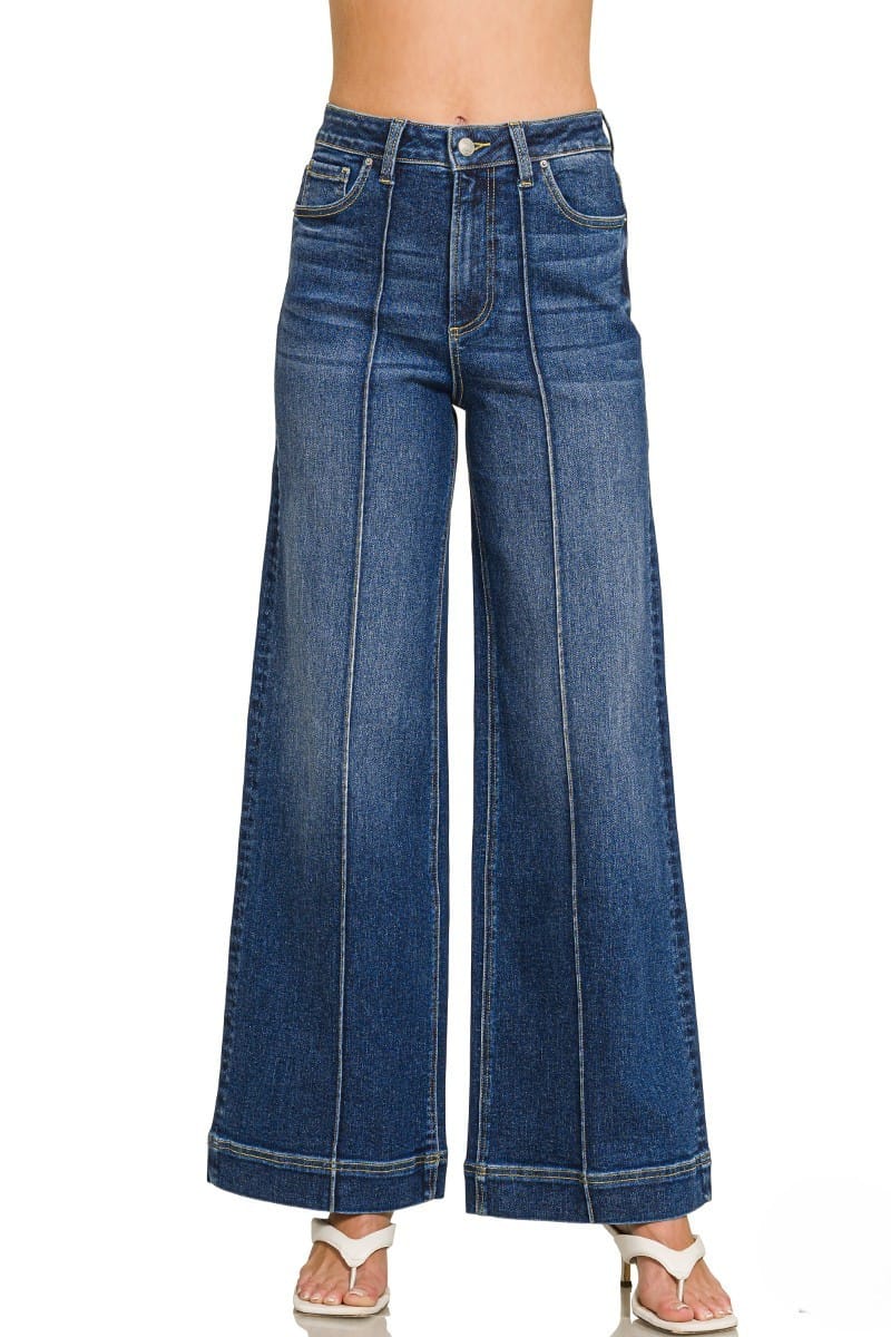 Zenana clothing Zenana Denim Wide Leg Pintuck Jeans Dark Wash